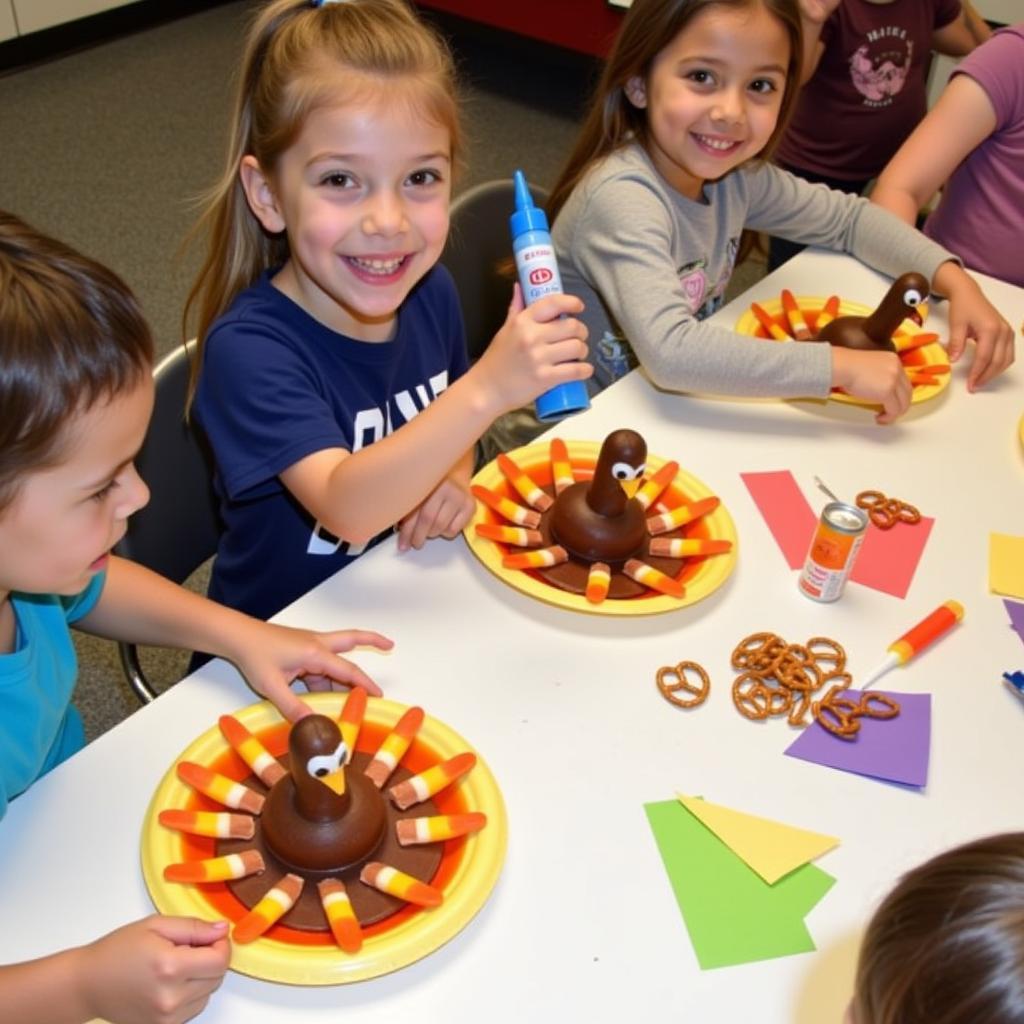 Preschoolers making Thanksgiving turkey crafts using food