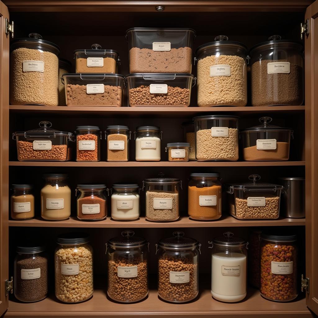 Proper Storage Techniques for Survival Food - Food stored in airtight containers, organized on shelves in a cool, dry pantry.