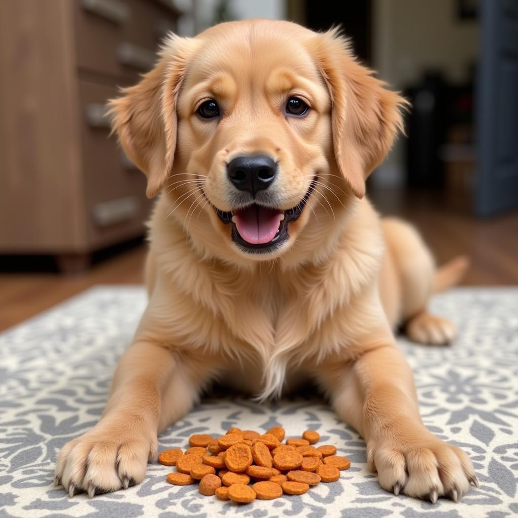 A playful puppy enjoys a meal of duck and sweet potato kibble.