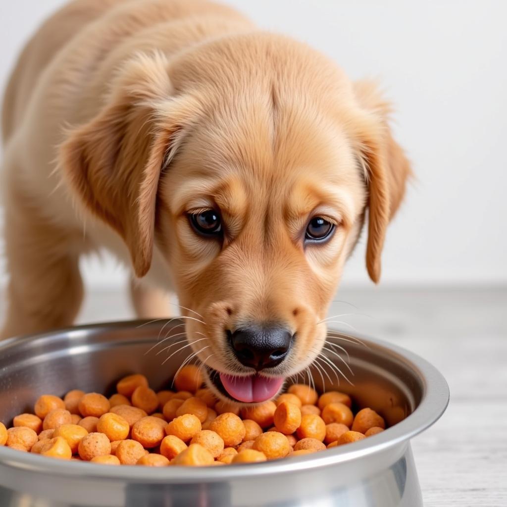 A happy puppy enjoying a bowl of salmon and sweet potato kibble