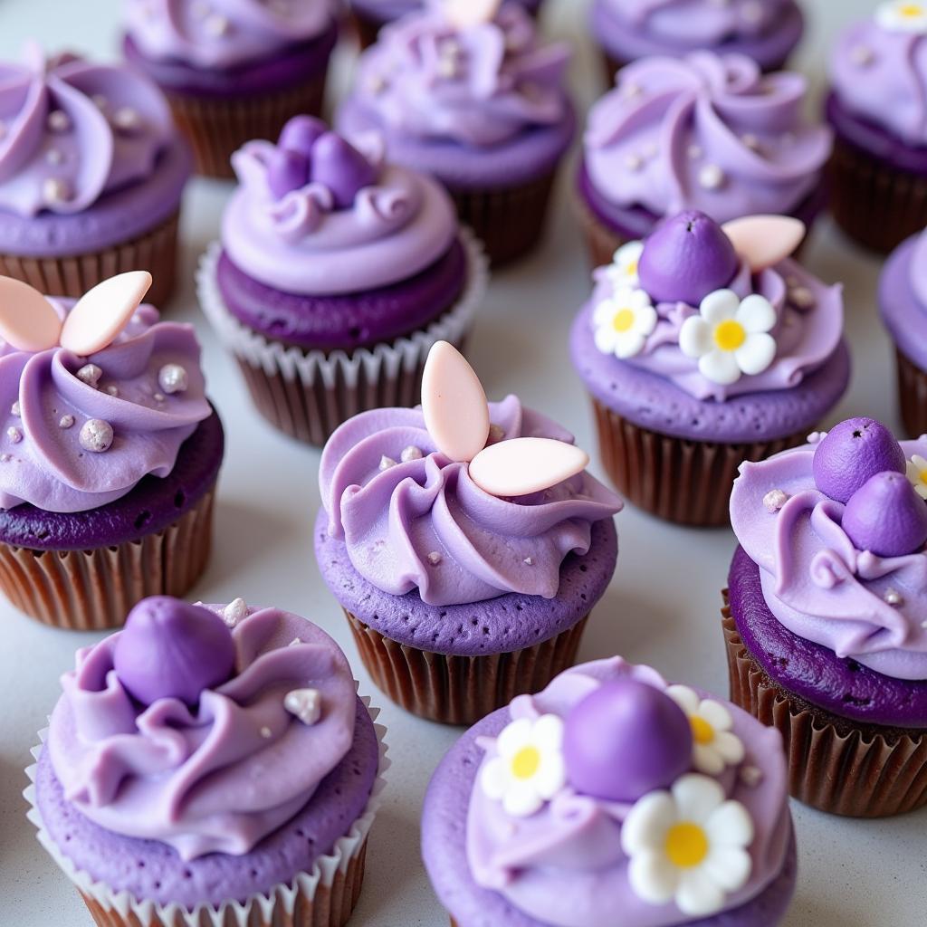 Purple macarons and cupcakes with vibrant violet frosting and decorations.