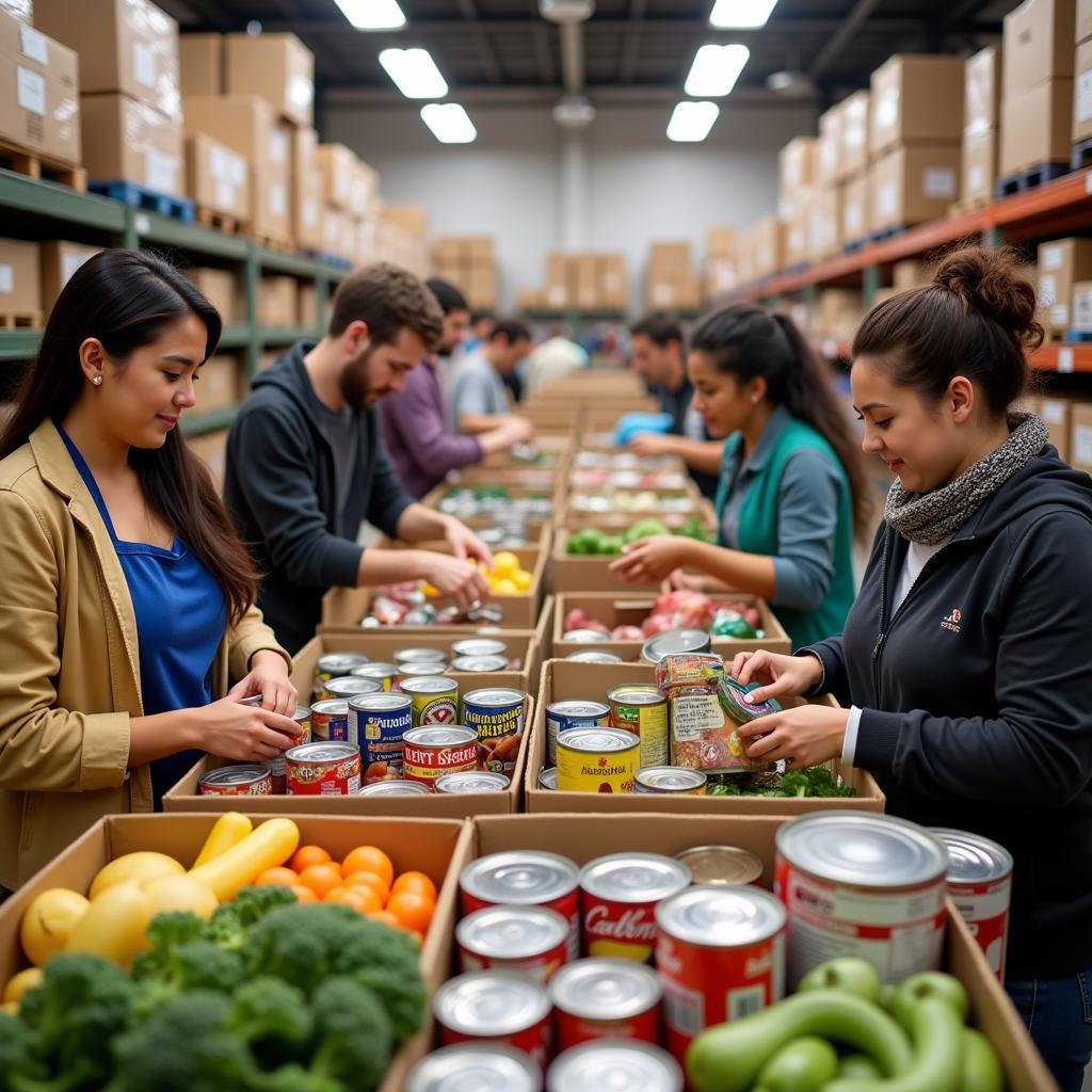 Volunteers sorting food donations at a Racine food bank