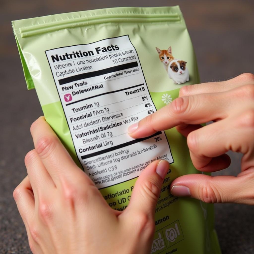 A person carefully examining a cat food label