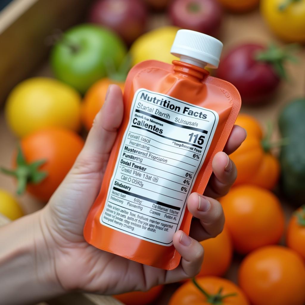 Close-up of a hand reading the nutrition label on a squeezable food pouch.