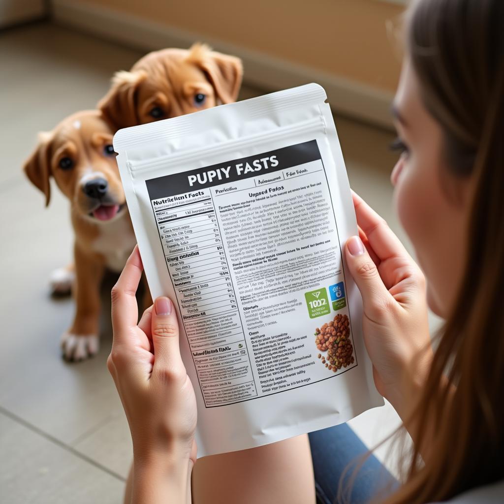 Carefully examining the ingredients on a puppy food bag