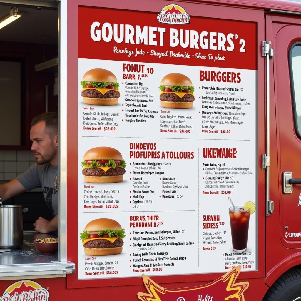 Close-up of the Red Robin food truck menu with various burger options and sides.