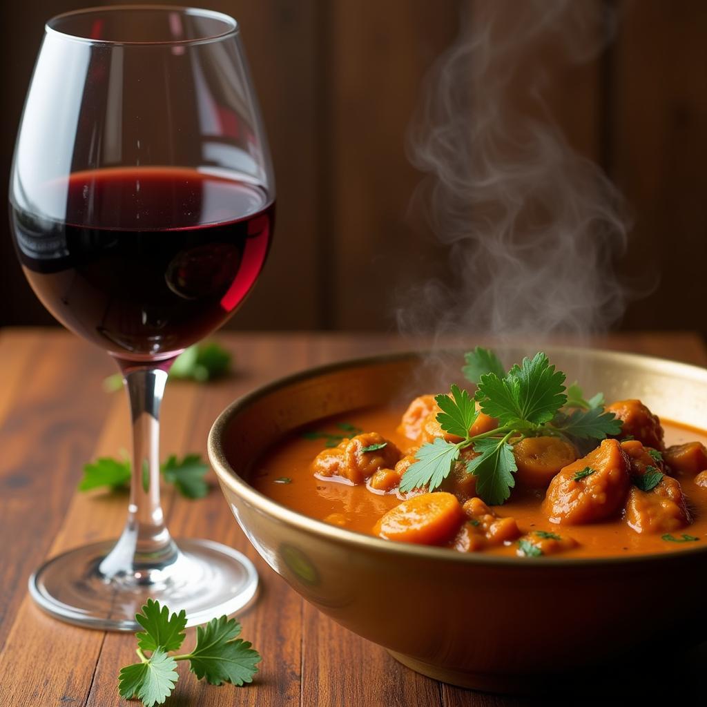 A glass of red wine next to a bowl of Indian curry