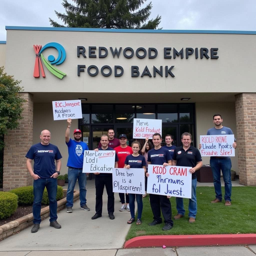 Protesters outside Redwood Empire Food Bank holding signs related to the lawsuit