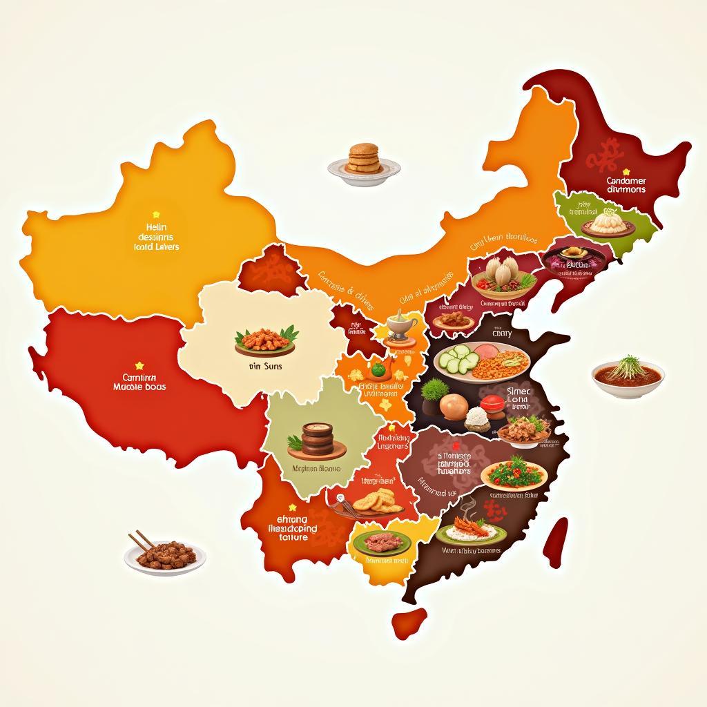 A map of China highlighting different culinary regions and their signature dishes.