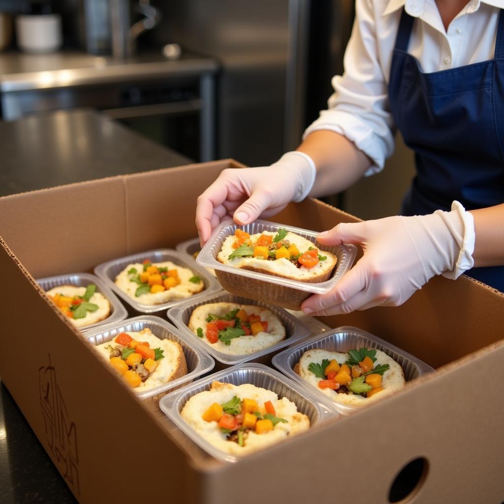 A restaurant worker carefully packing food into a hot bag for delivery.