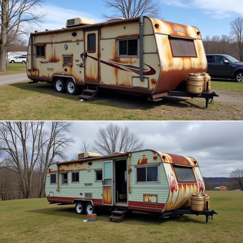A before-and-after view of a vintage food trailer restoration, showing the initial rusted state and the final polished result.
