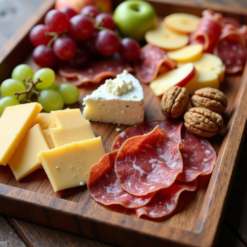 A rustic wooden tray laden with a colorful charcuterie spread, featuring various cheeses, cured meats, fruits, and nuts.