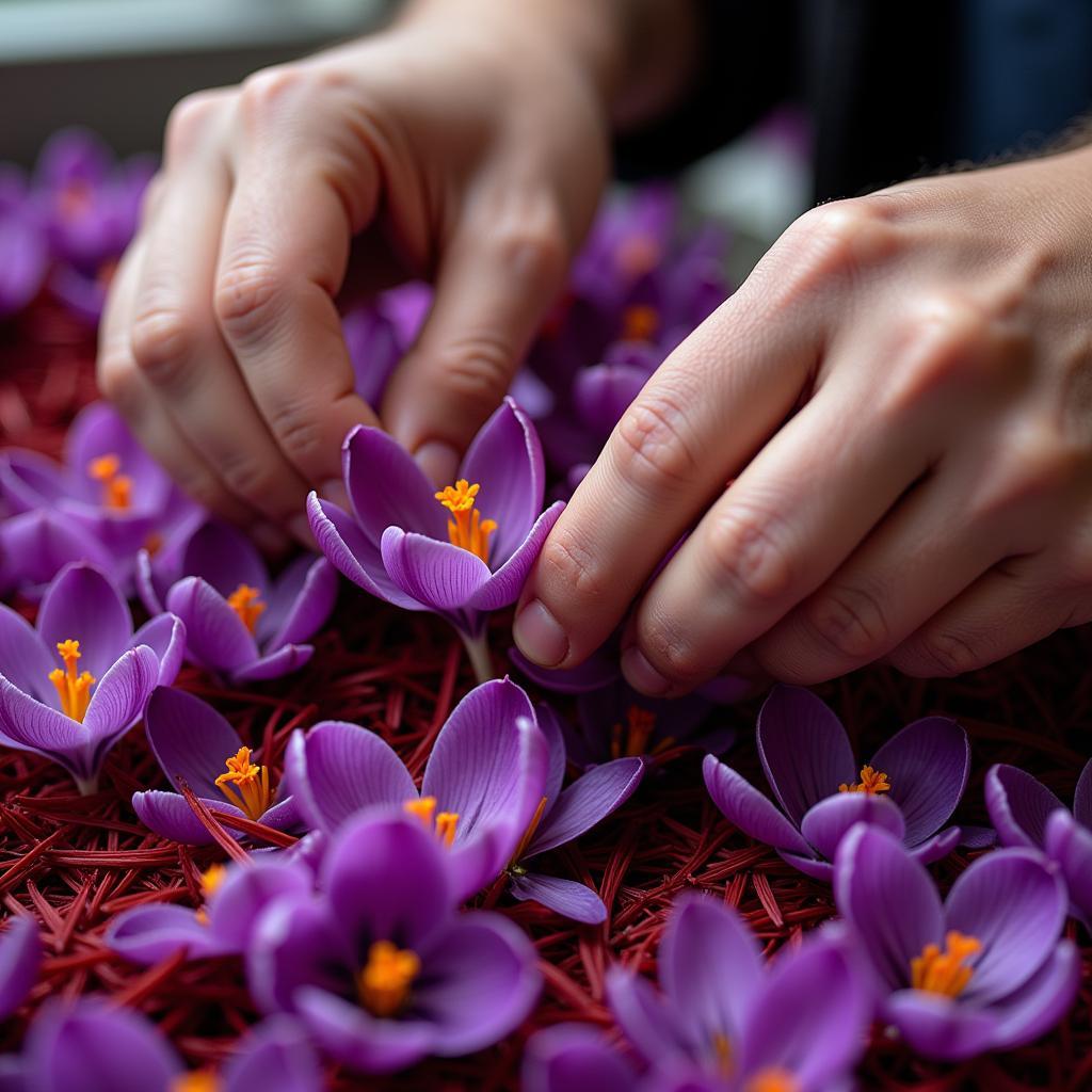 Close-up of hands delicately harvesting saffron stigmas