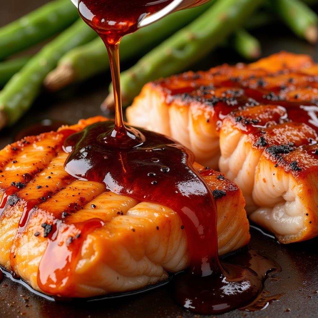 Grilled salmon steak with a bourbon glaze.