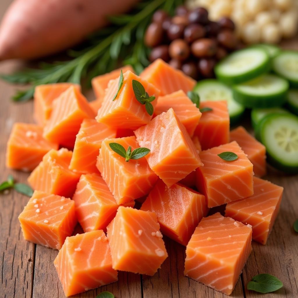 Close-up of salmon and sweet potato dog food ingredients