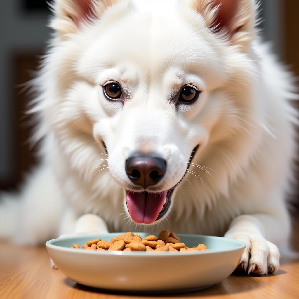 A Samoyed dog happily eating kibble from a bowl.