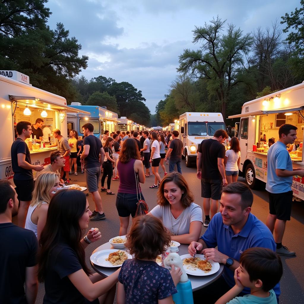 People enjoying food and socializing at a Sanford food truck event