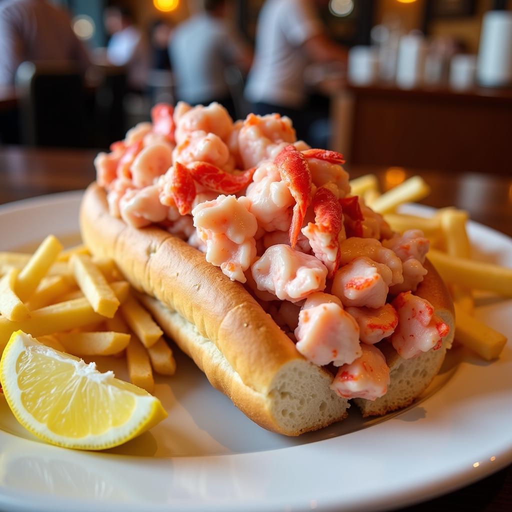 Delicious lobster roll served with fries and a lemon wedge on a plate at a Santa Monica restaurant.