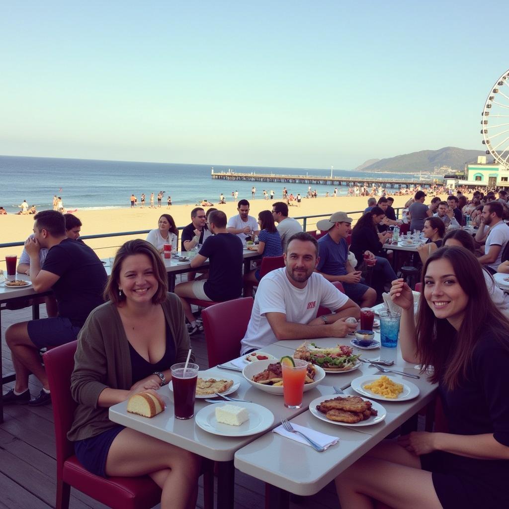 People enjoying diverse food options with ocean views at the Santa Monica Pier.