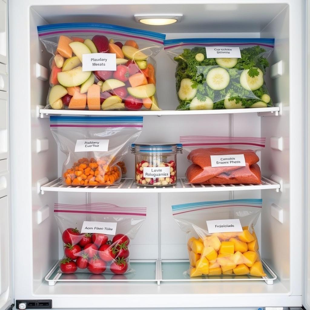 Organized freezer with labeled and sealed food bags.