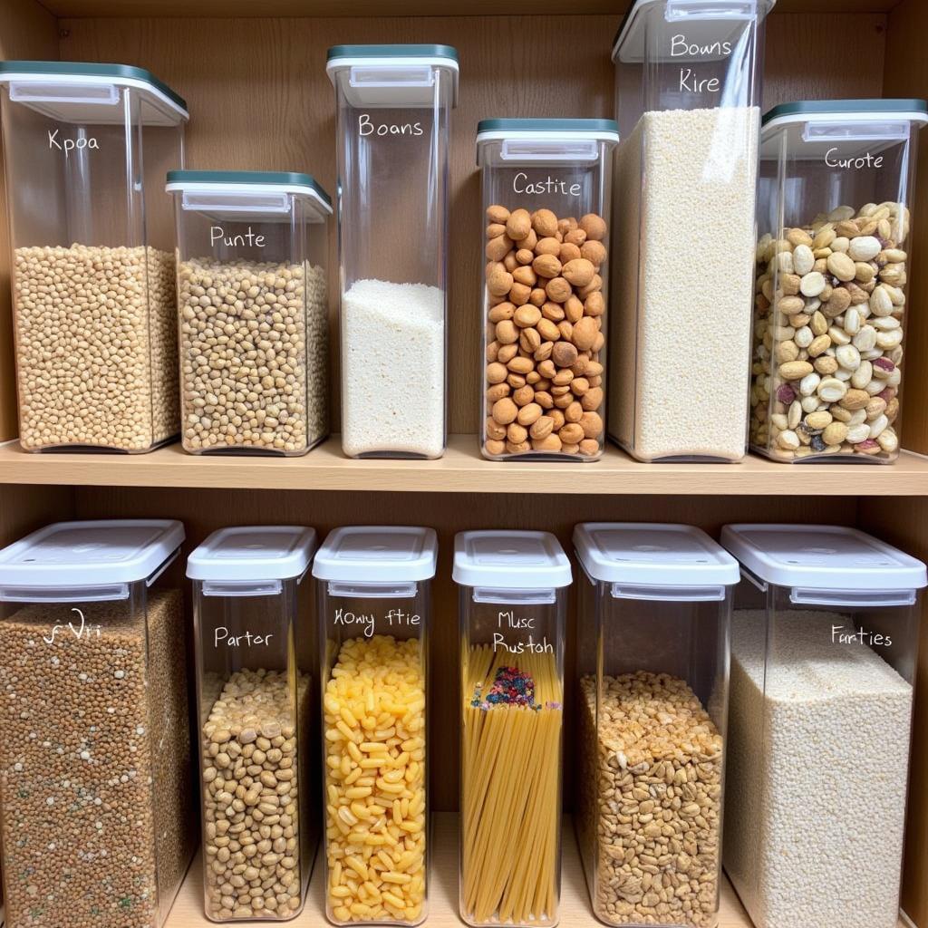 Various airtight containers filled with long-term food storage items, neatly organized on shelves.