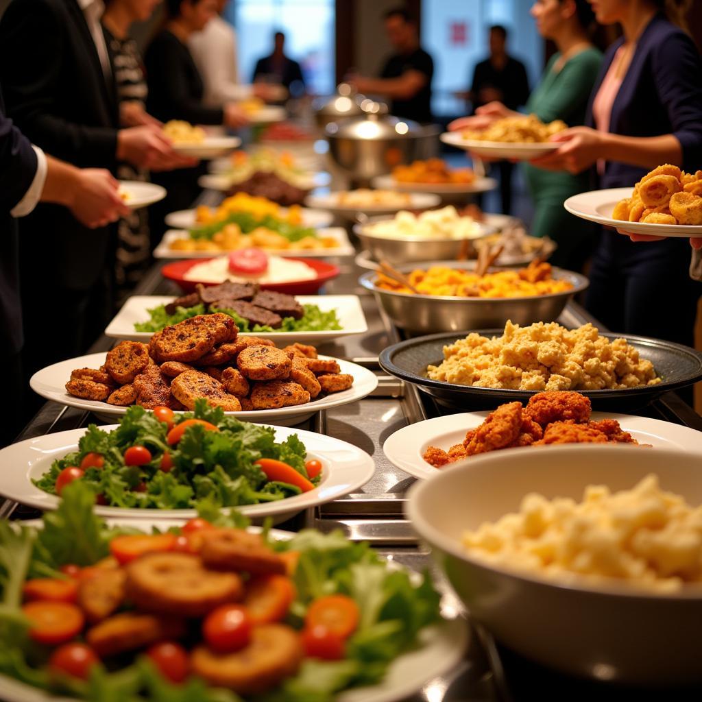 A vibrant buffet showcasing a wide variety of self-service food options, from fresh salads to hot entrees and desserts.