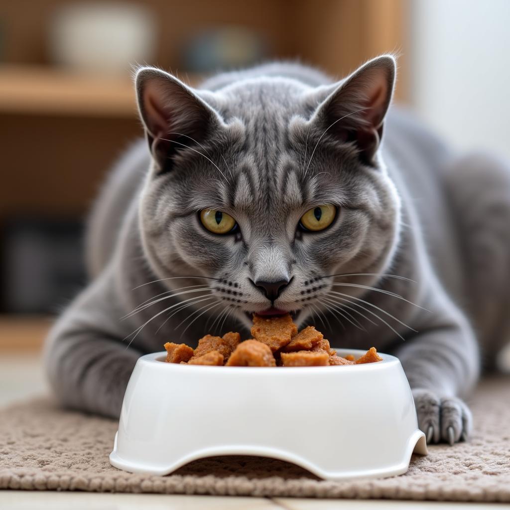 A senior cat eating from an elevated bowl.