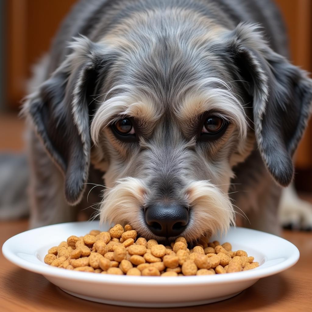 Senior Dog Eating Gravy-Soaked Kibble