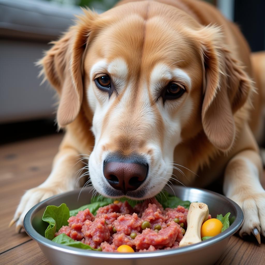 Senior Dog Enjoying a Raw Food Meal