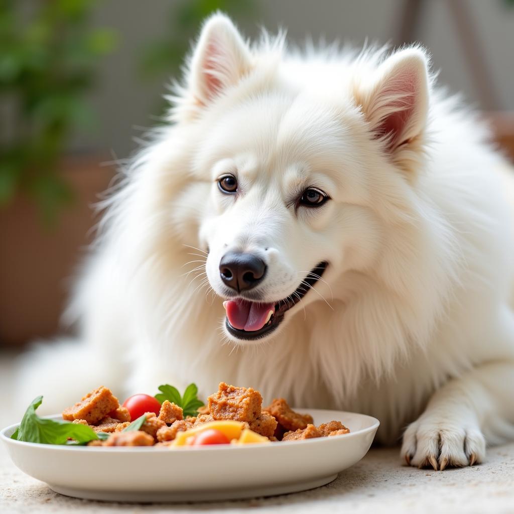 An older Samoyed dog enjoying its senior-specific dog food.