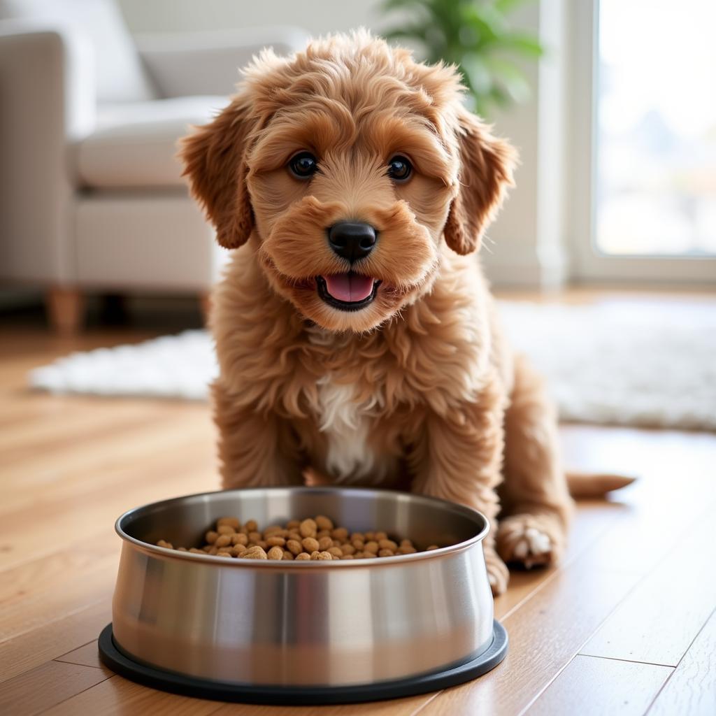 Sheepadoodle puppy enjoying a healthy meal