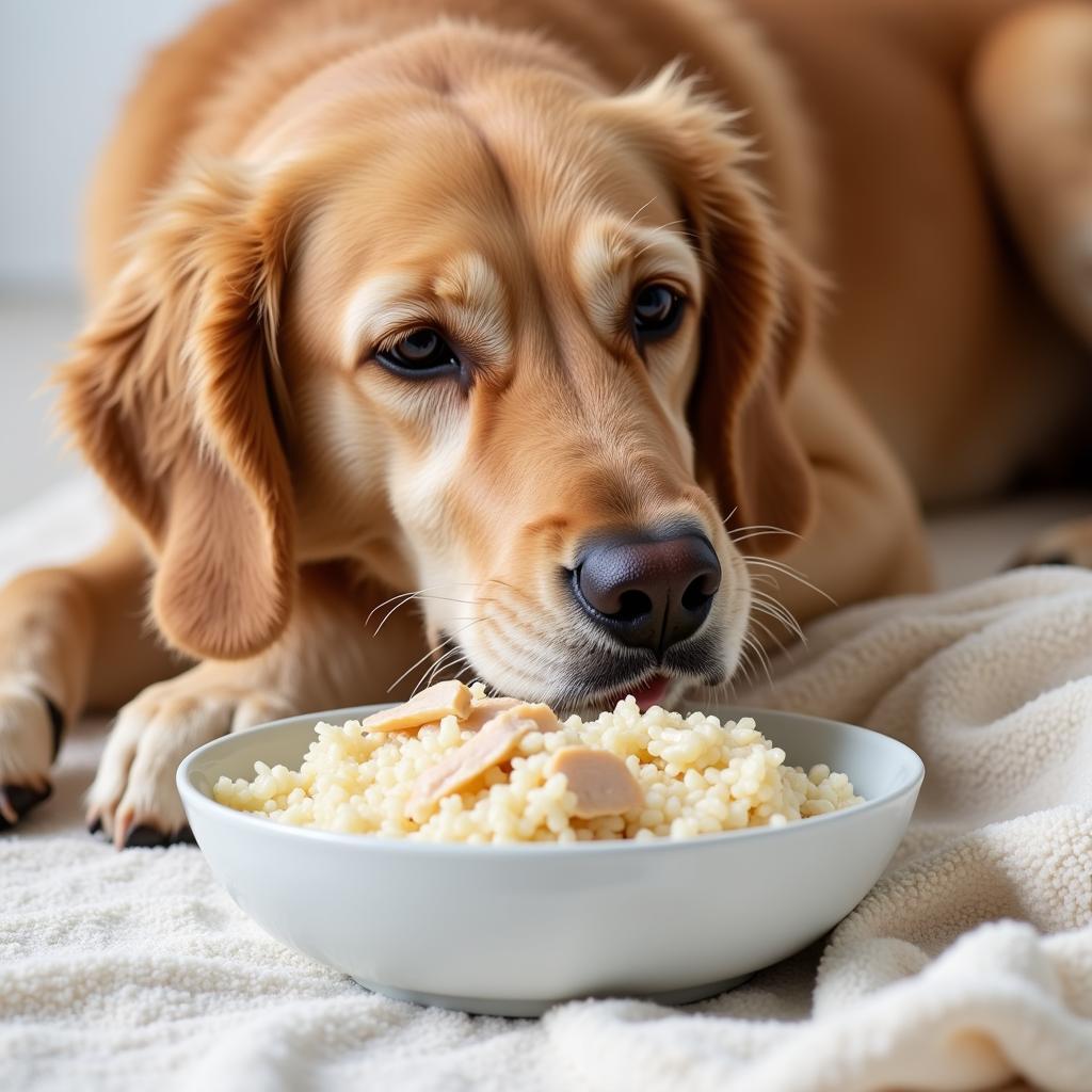 A sick dog eating from a bowl of bland food