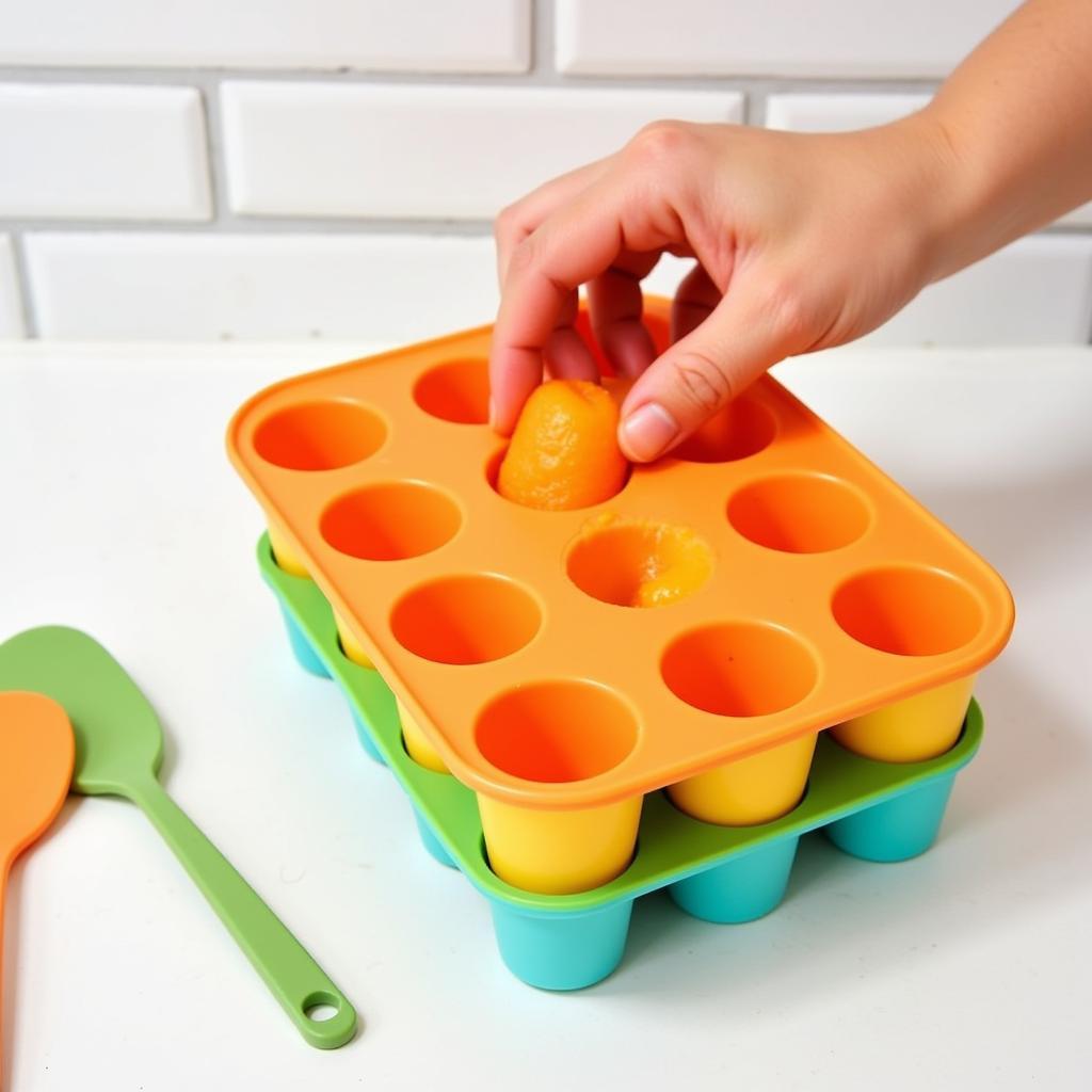 Filling a silicone baby food freezer tray with homemade puree