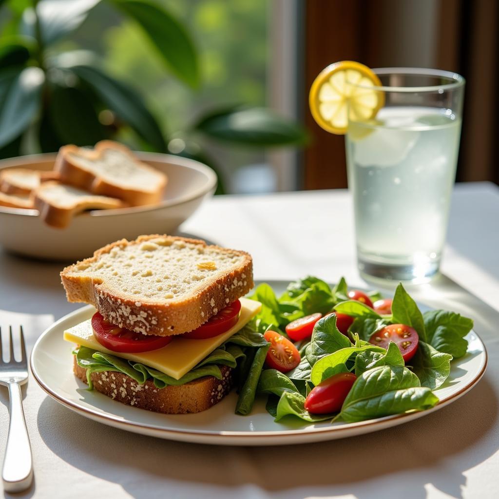 A simple yet aesthetically pleasing lunch setting with a sandwich, salad, and a glass of water.