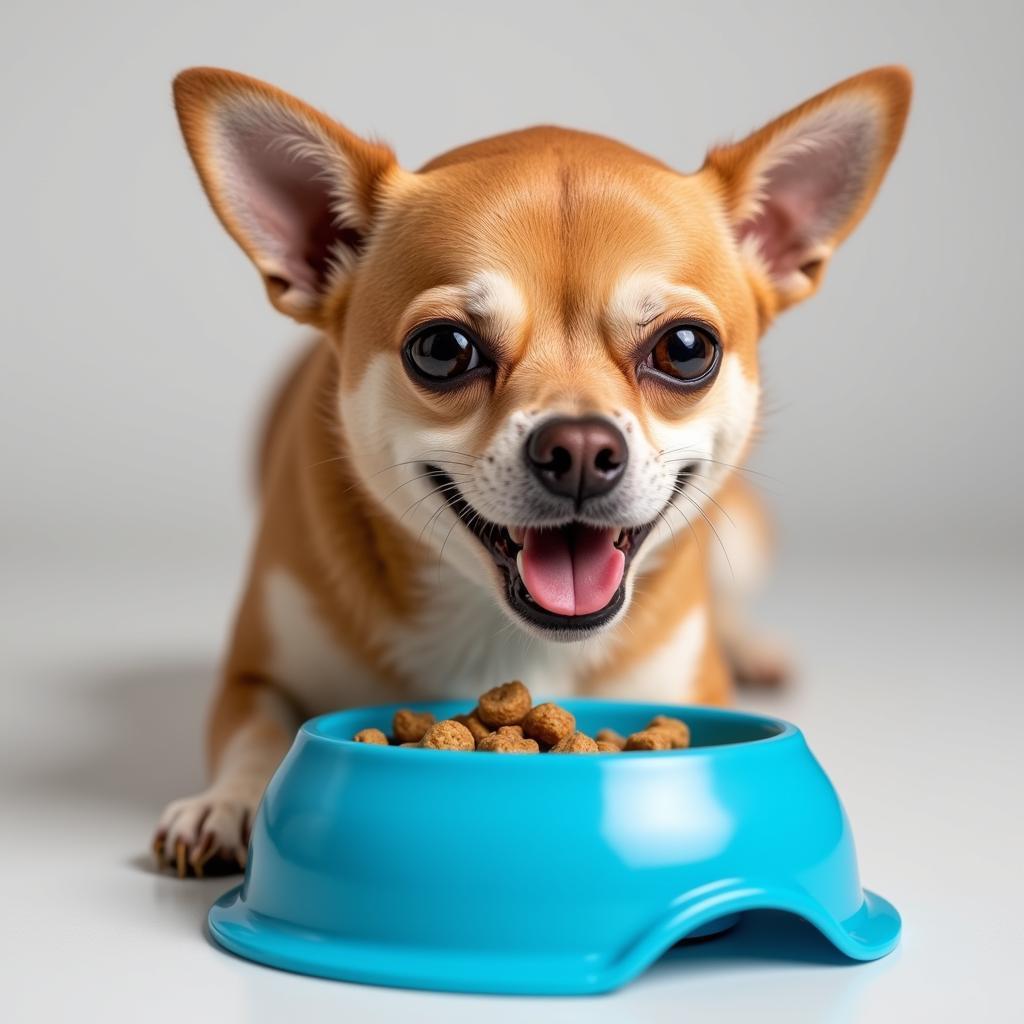 A small breed dog enjoying a meal of grain-free kibble.