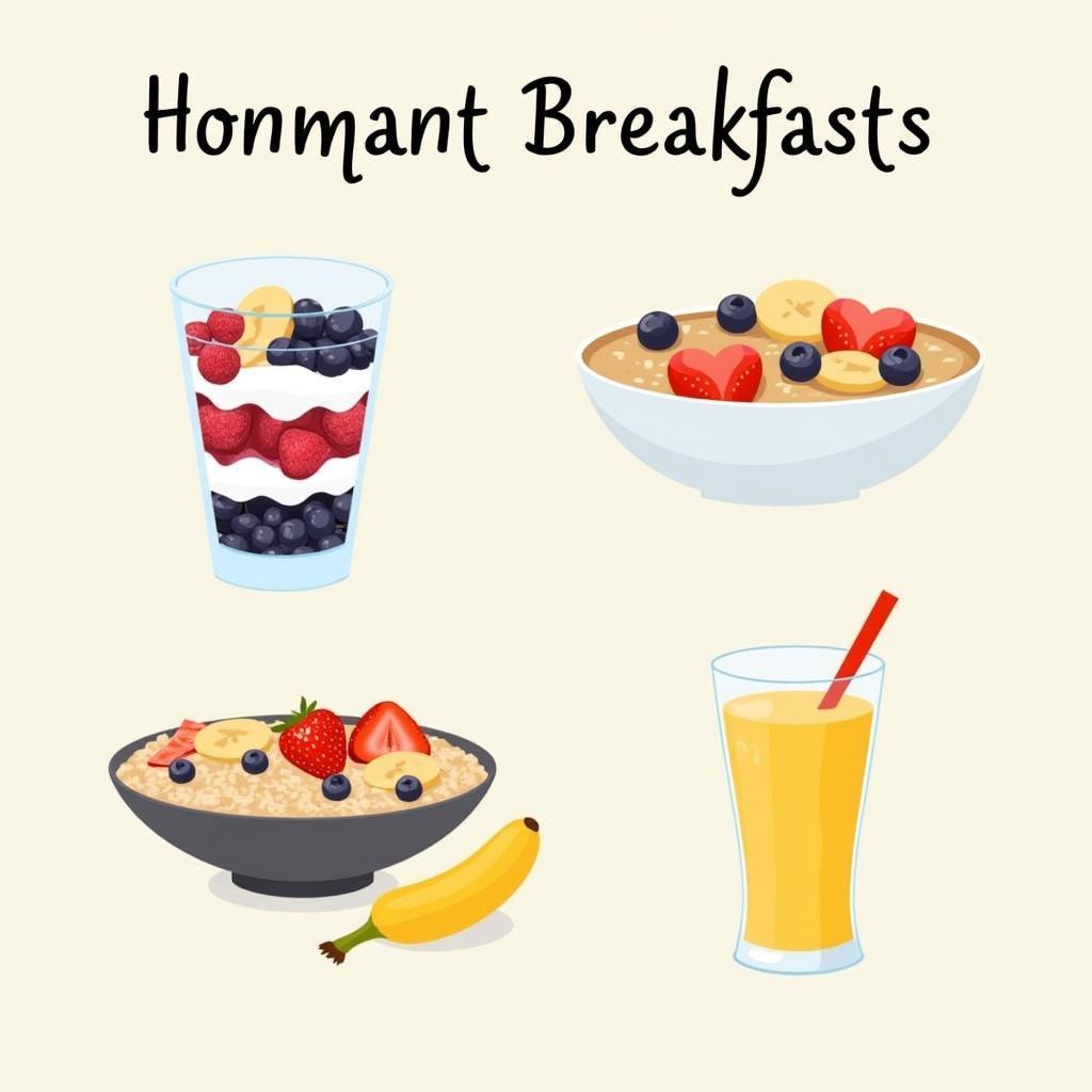 Soft breakfast ideas for braces: Yogurt parfait, oatmeal with berries, and a banana smoothie.