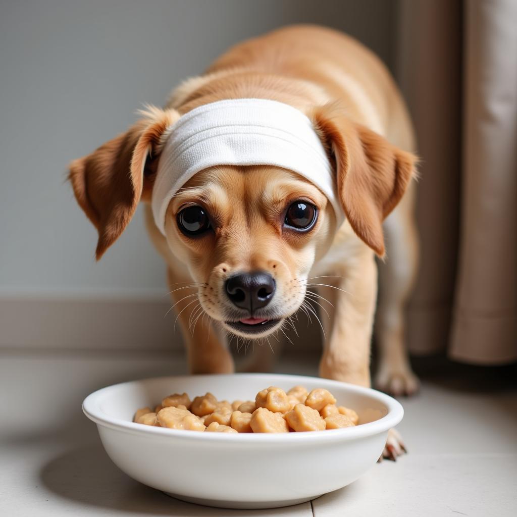 A dog enjoying a bowl of soft food after dental surgery