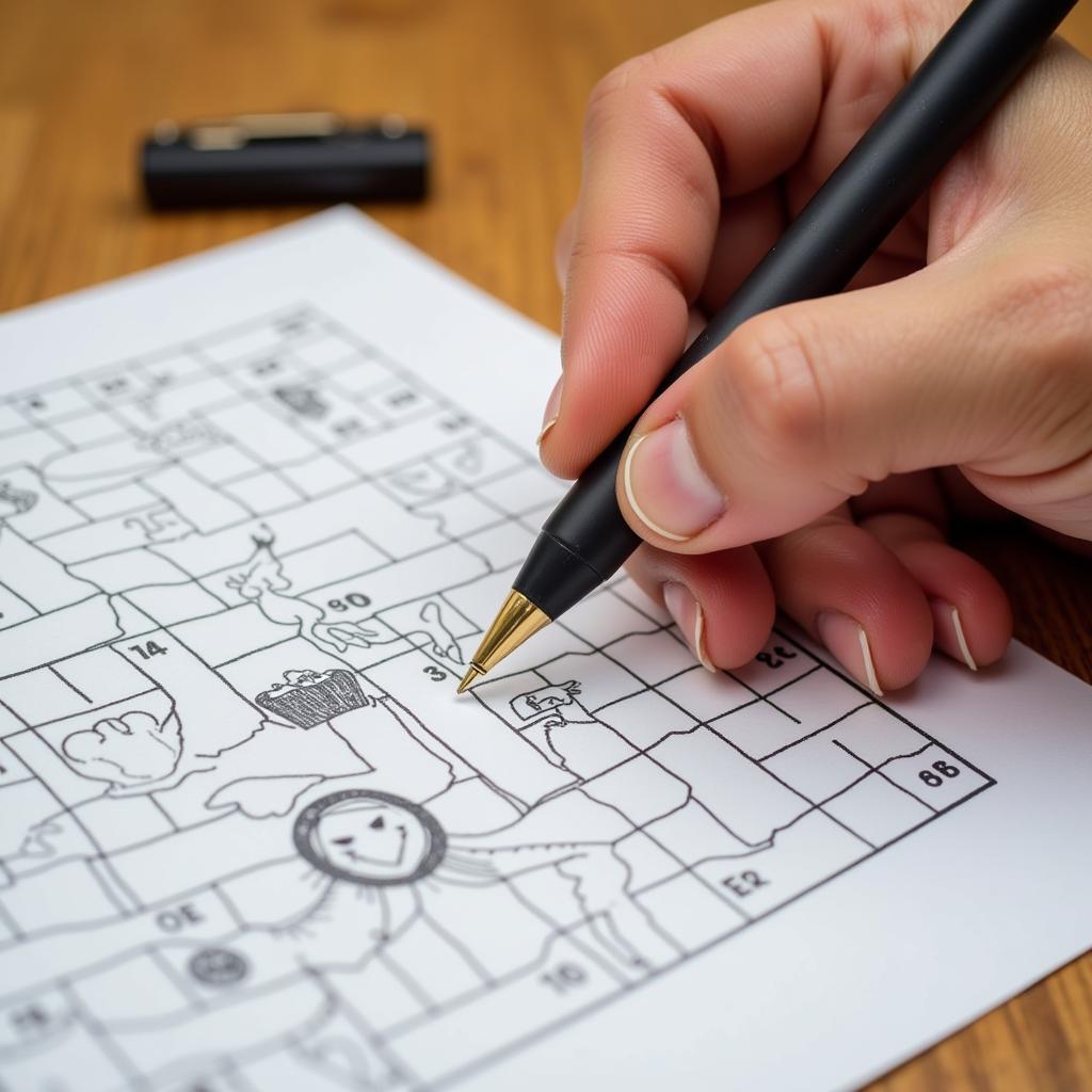 Person solving a lions food crossword puzzle with a pen.