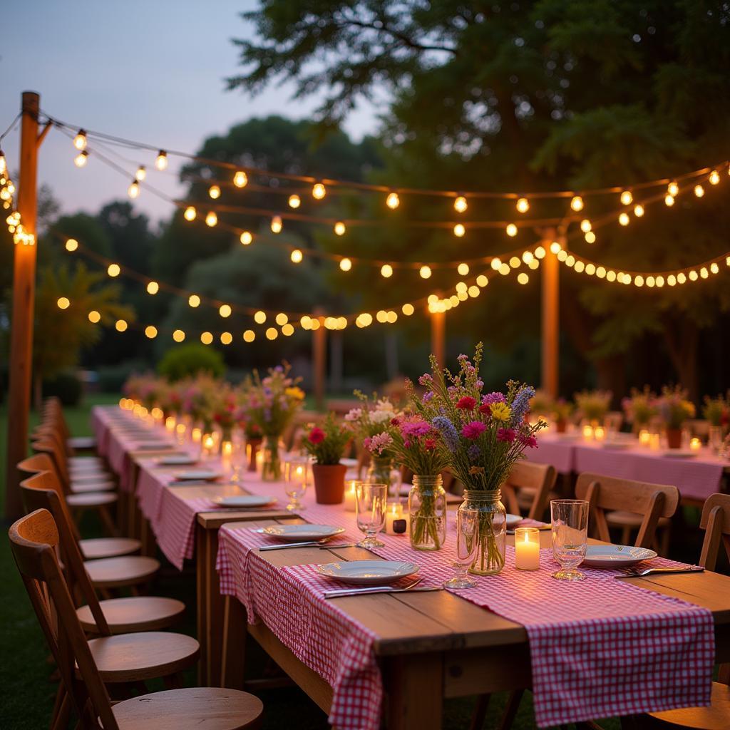 Outdoor soul food catering setup with rustic decorations