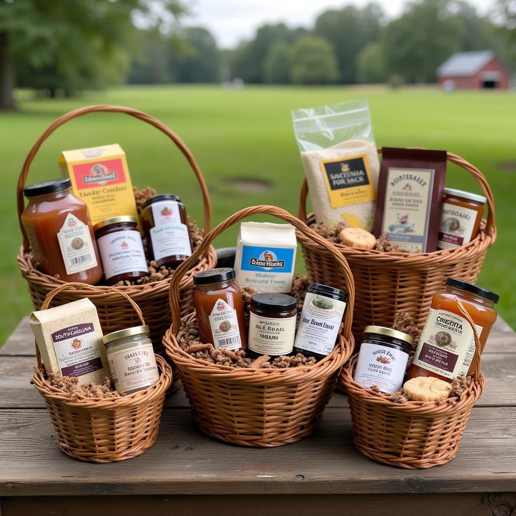 A variety of South Carolina food gift baskets showcasing local products.