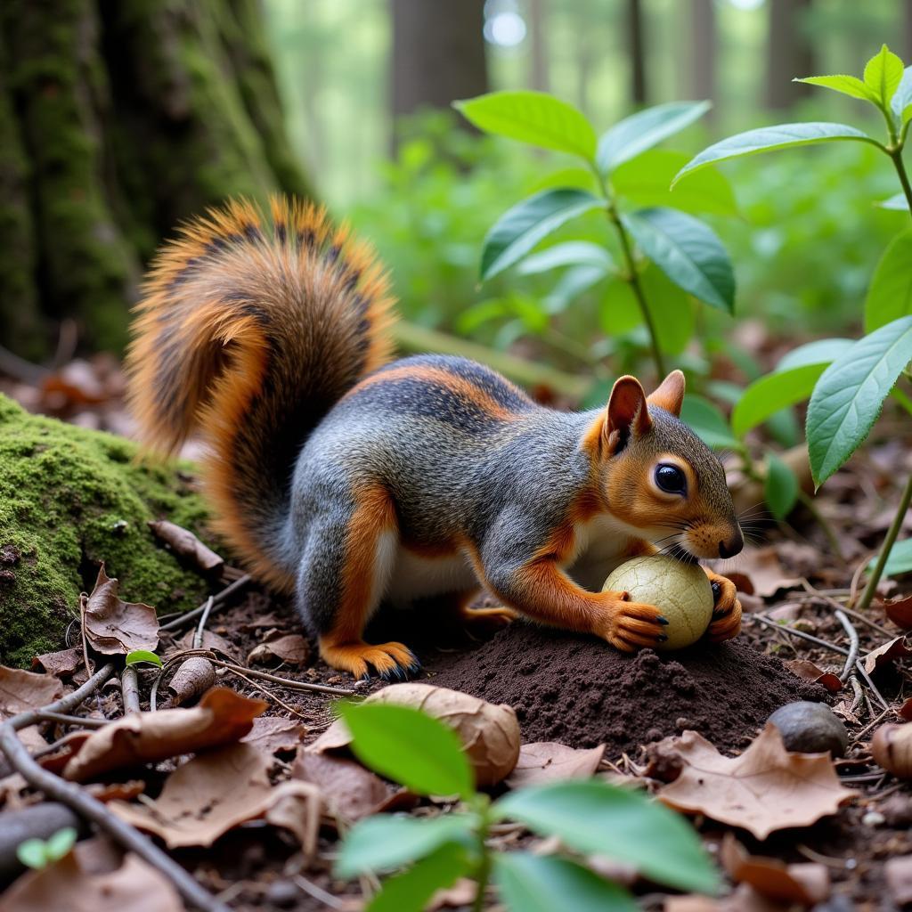 Squirrel burying nuts in the Chuckanut forest