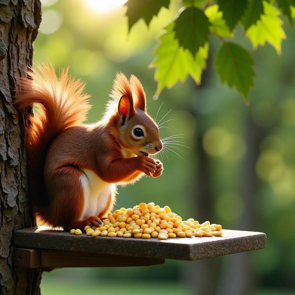 Squirrel happily eating from a feeder in a backyard