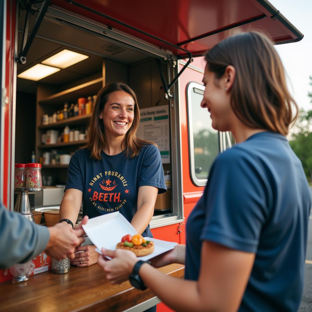 A St. Louis food truck owner interacting with customers at their newly launched business.