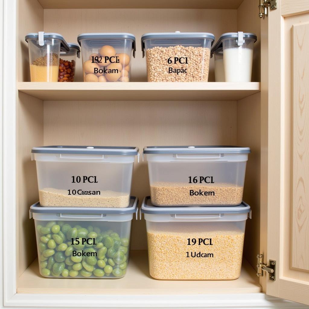 Stackable 10-gallon food storage containers with clear labels.