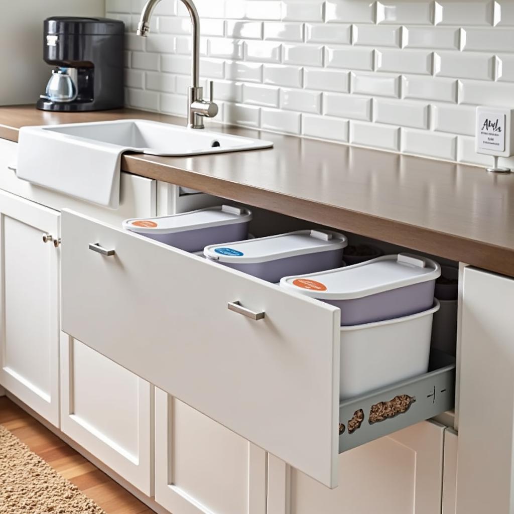 Stackable dog food containers neatly arranged on a kitchen counter