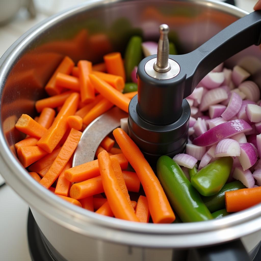 A stainless steel food processor chopping vegetables with ease and precision.