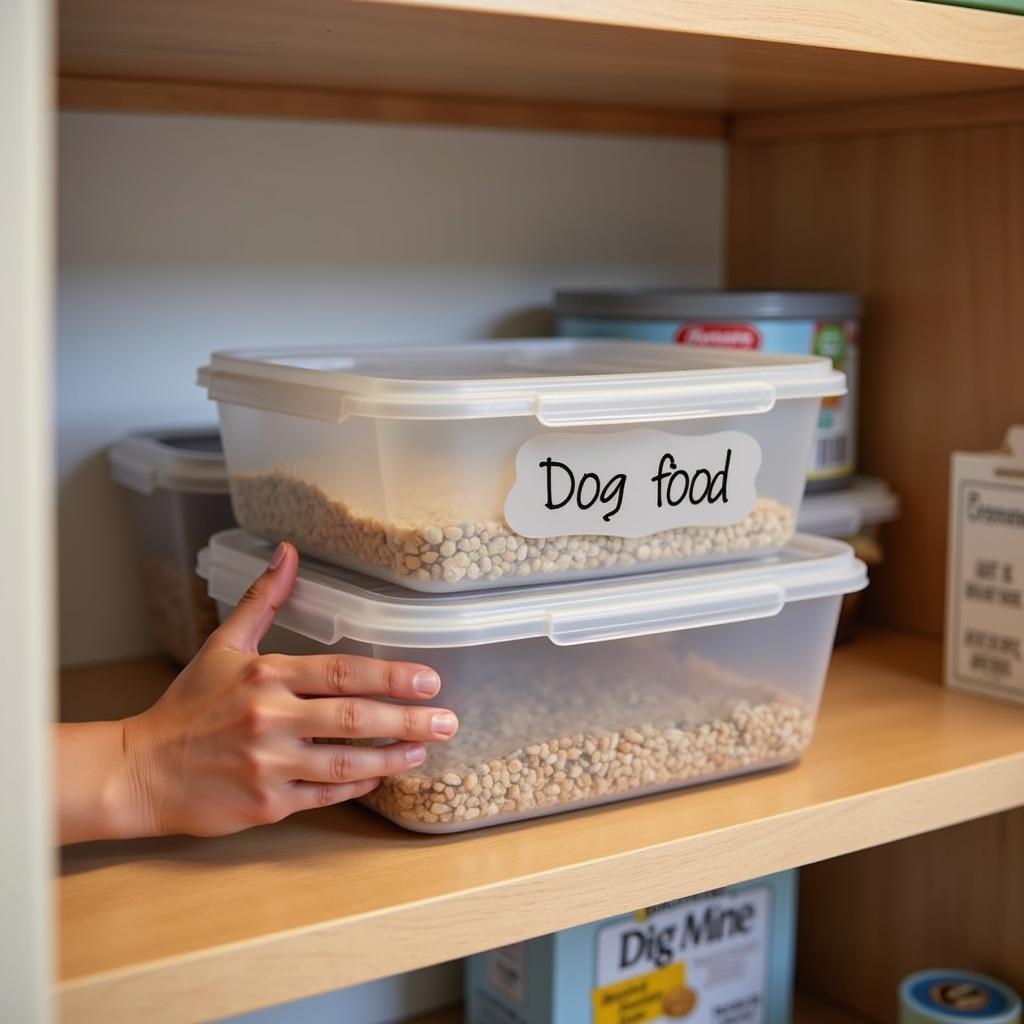 Proper Storage of Air Dried Dog Food: A person properly storing air-dried dog food in an airtight container in a cool, dry place.