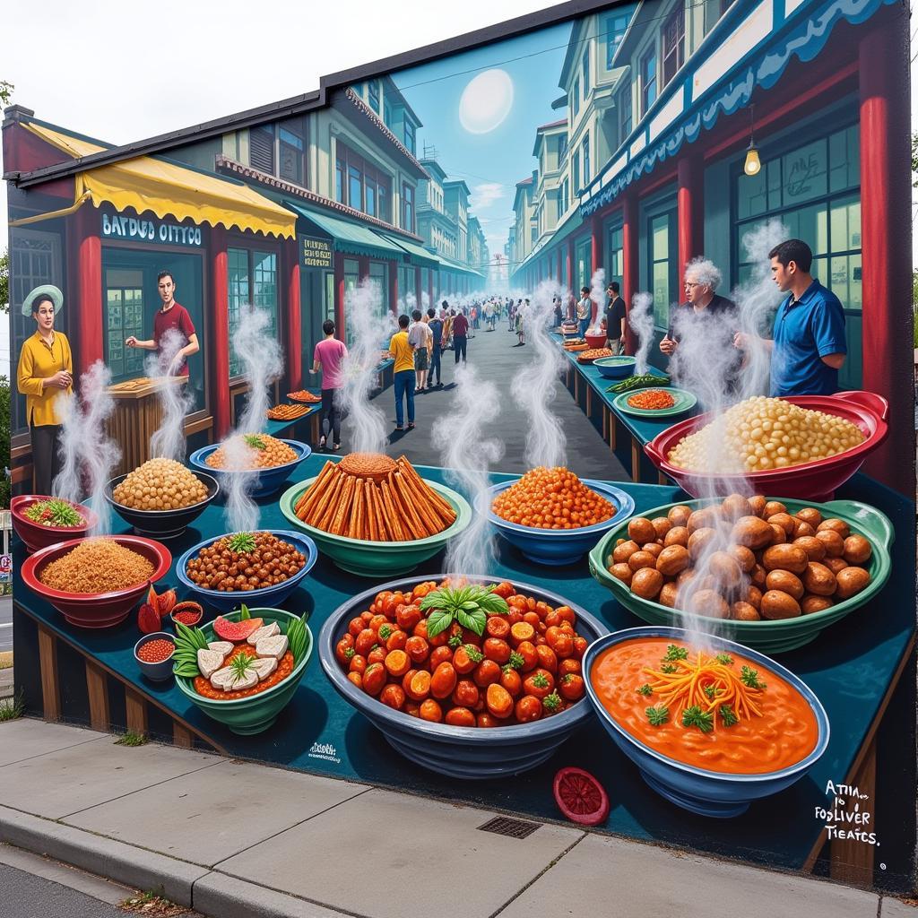 A vibrant street food mural showcasing the cultural significance of local dishes.