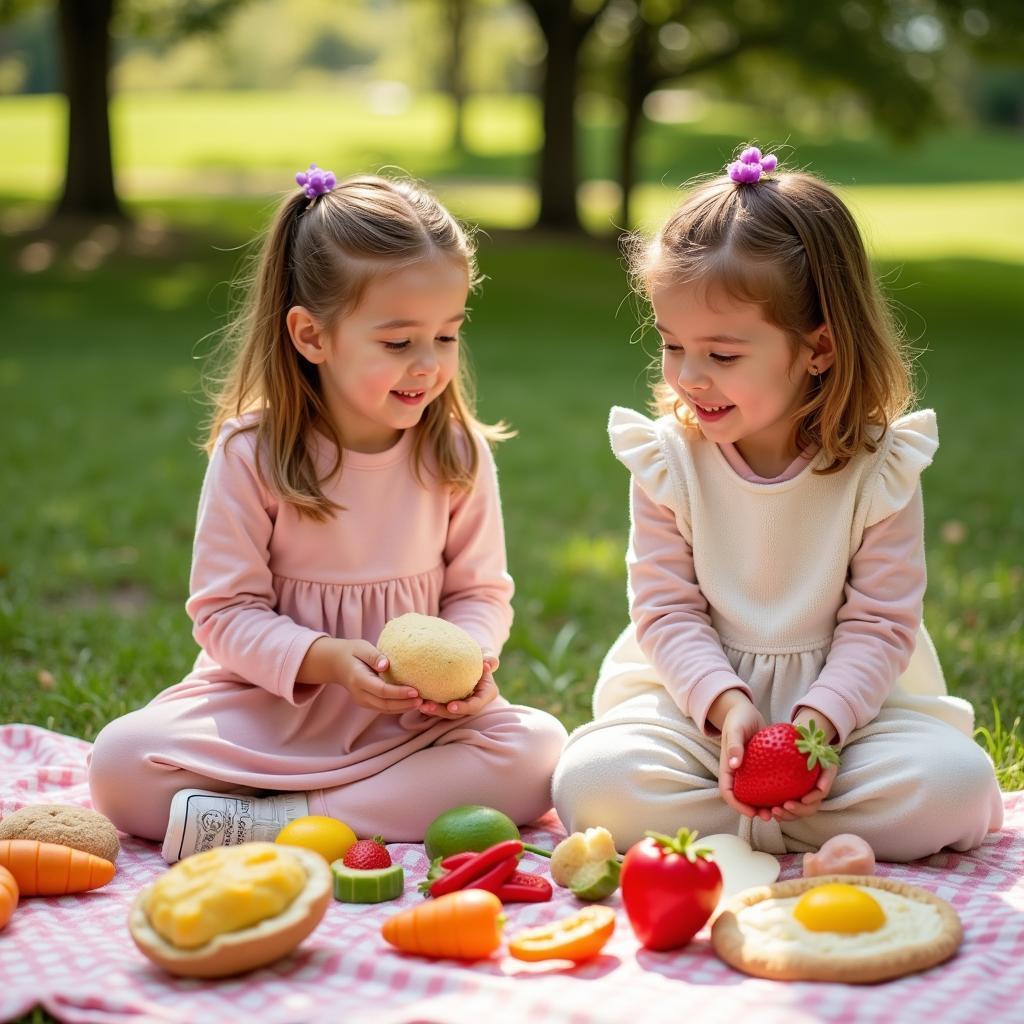 Children engaged in imaginative play with stuffed food toys, setting up a pretend picnic.