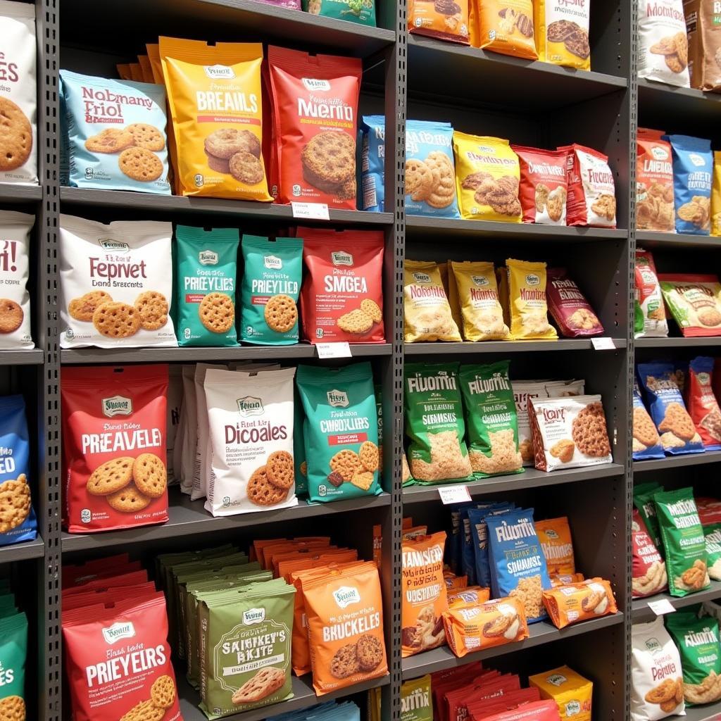 A variety of packaged sugar-free snacks, including cookies, crackers, and protein bars.